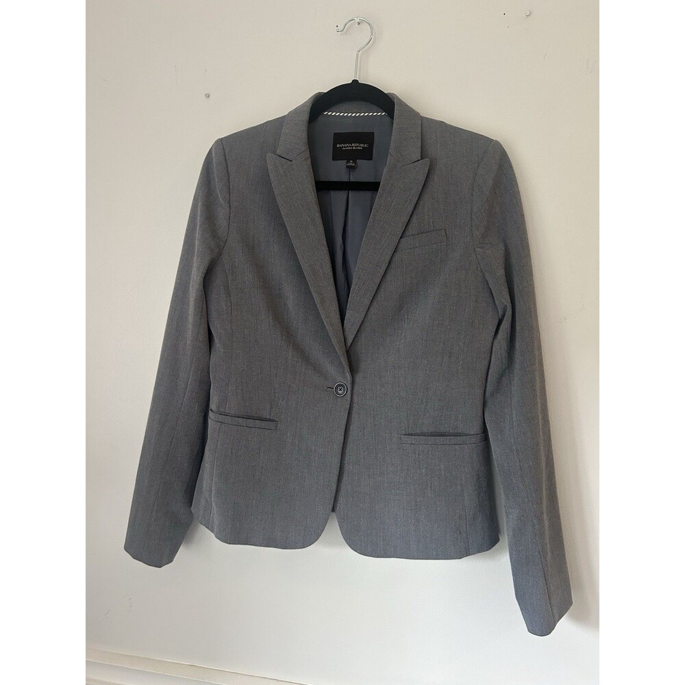 Banana Republic Gray Striped Fitted Front Pockets One Button Career Blazer 6